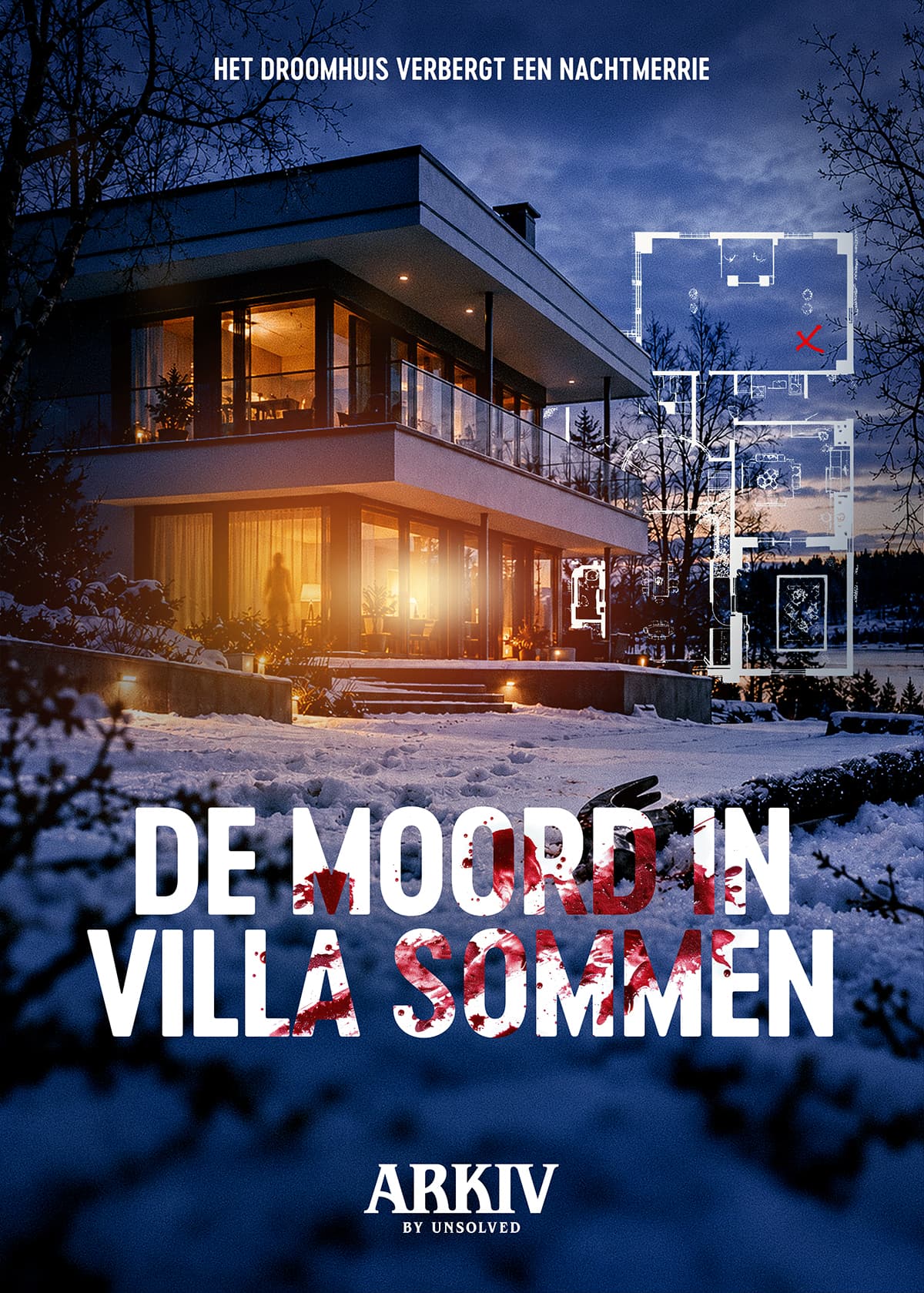 De Moord in Villa Sommen – besneeuwde villa bij nacht met een plattegrond en bloedspatten op de titel.